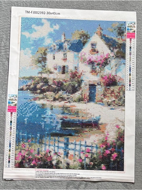Other - Finished Seaside Cottage Diamond Painting Mosaic - Blue, Pink, White